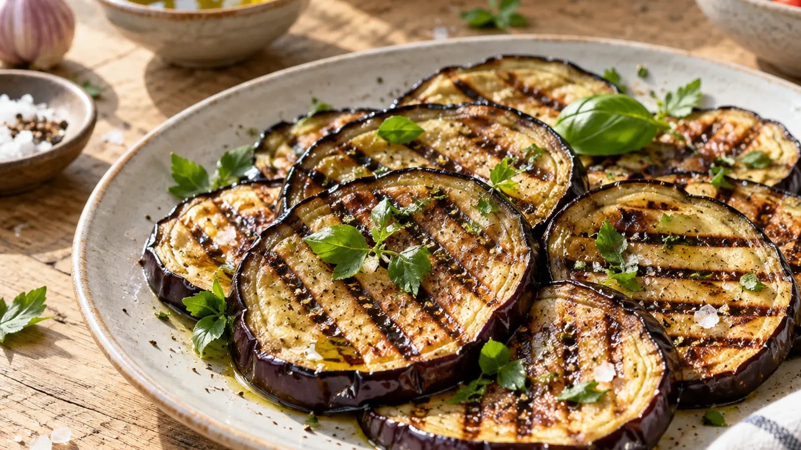 Aubergines rôties au four avec pois chiches, tomates, herbes fraîches et sauce au yaourt, en lumière naturelle, sans texte ni logo