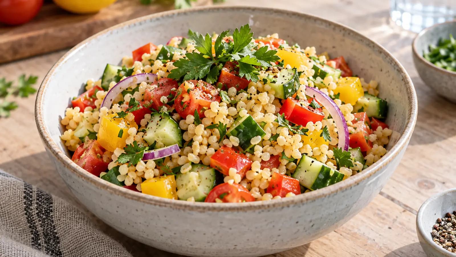 Bol de boulgour léger avec légumes rôtis, pois chiches, herbes fraîches et sauce au yaourt, lumière naturelle, sans texte ni logo