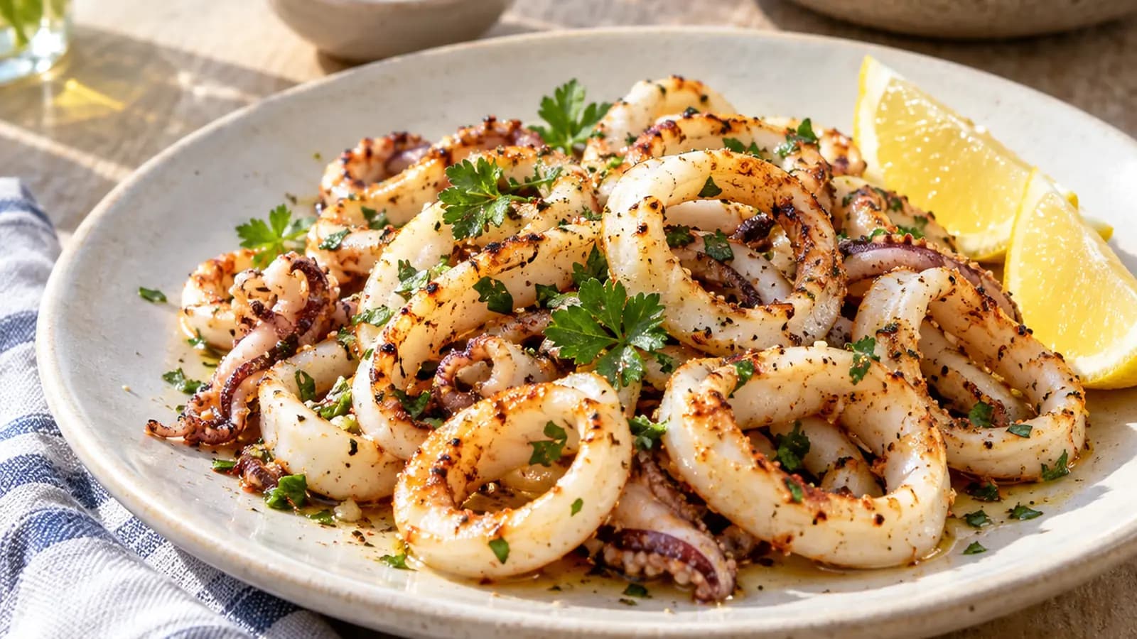 Assiette de calamars poêlés avec courgettes, tomates et herbes fraîches, photographiée en lumière naturelle sans texte ni logo