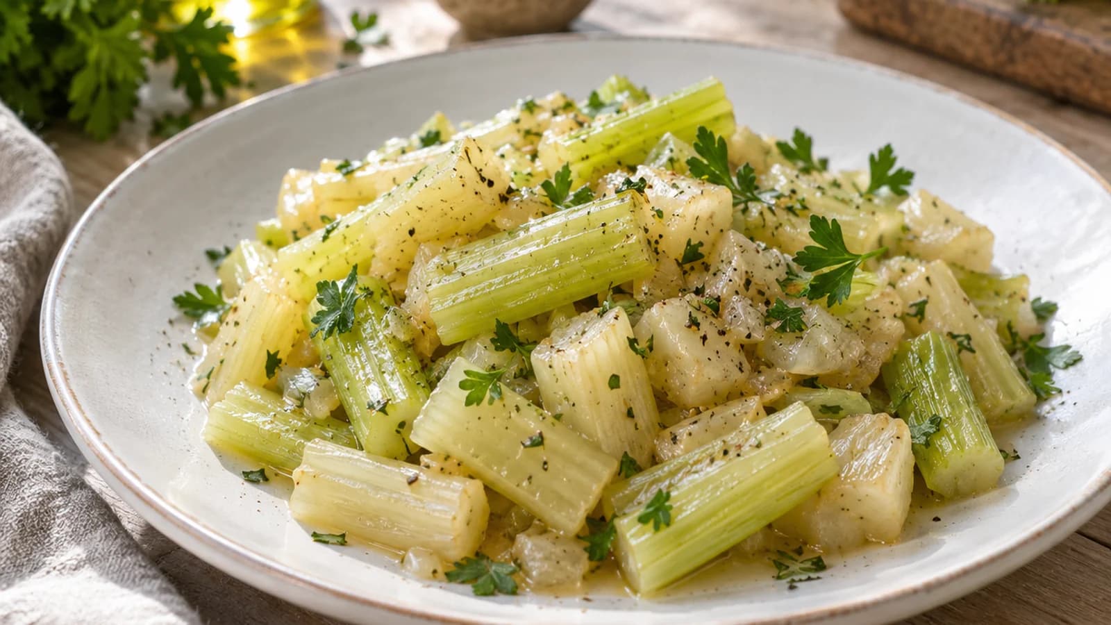 Plat de céleri-rave rôti avec pois chiches, herbes fraîches et sauce au yaourt, posé sur une table en lumière naturelle