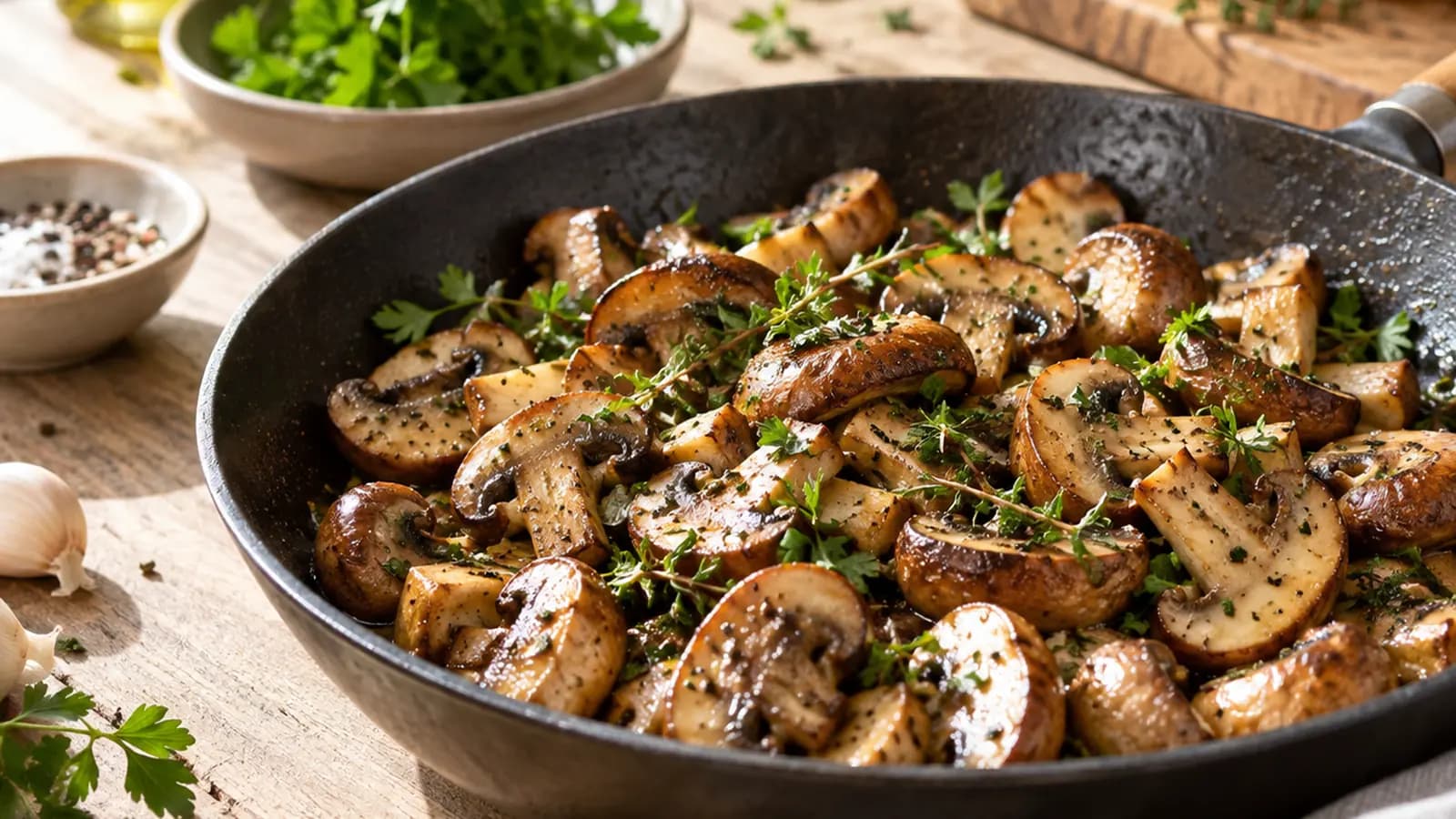 Poêlée de champignons dorés aux herbes, servie avec du riz et des légumes dans une assiette, lumière naturelle, sans texte ni logo