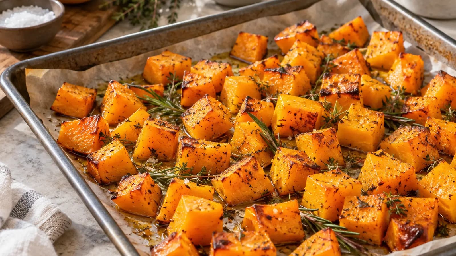 Courge butternut rôtie en cubes avec pois chiches, herbes fraîches et sauce au yaourt, sur une table éclairée par la lumière naturelle