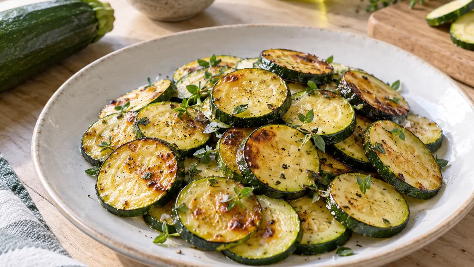 Poêlée de courgettes dorées avec tomates cerises, pois chiches et herbes fraîches, photographiée en lumière naturelle, sans texte ni logo