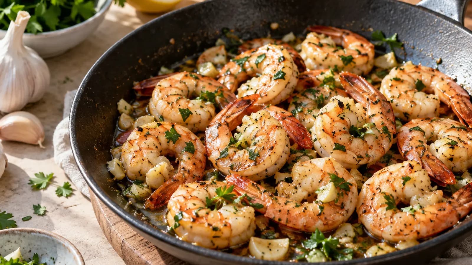 Assiette de crevettes poêlées avec courgettes, tomates, riz et herbes fraîches, éclairée par une lumière naturelle, sans texte ni logo
