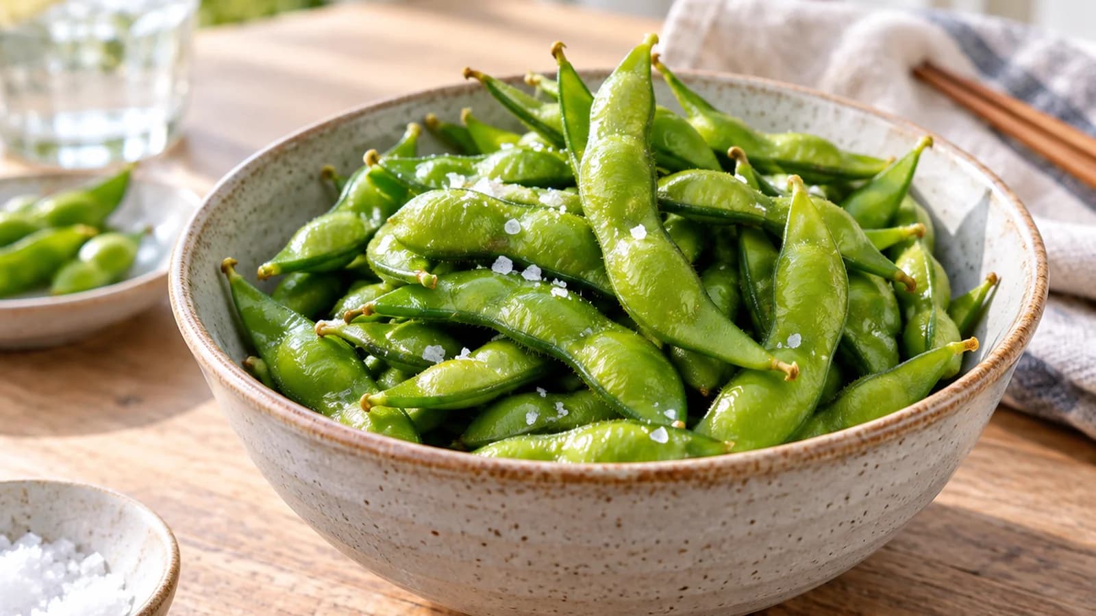Bol d’edamames écossés, riz, concombre et carottes en lumière naturelle, sans texte ni logo