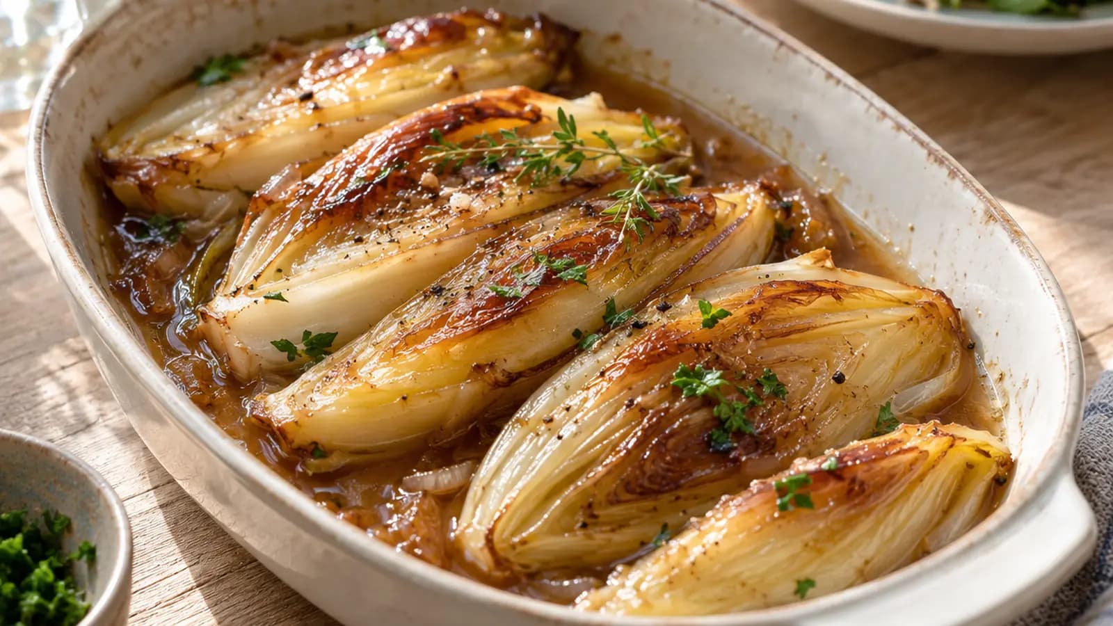 Plat d’endives rôties avec pommes de terre et herbes fraîches, servi dans une assiette claire à la lumière naturelle, sans texte ni logo