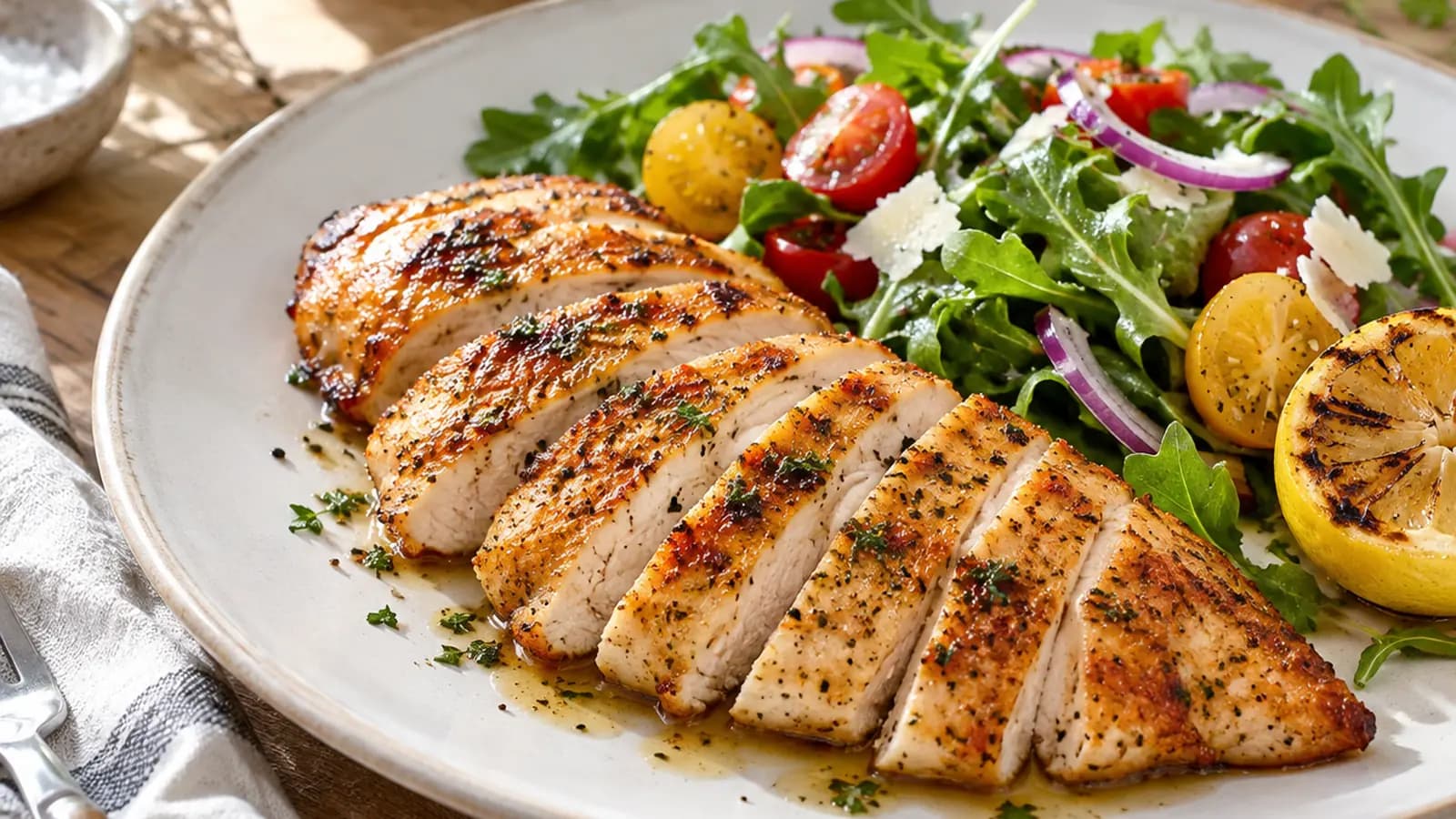 Escalope de poulet dorée avec courgettes, riz et sauce au yaourt, servie dans une assiette à la lumière naturelle