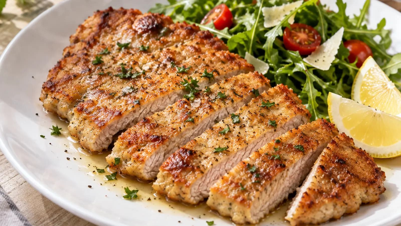 Escalope de veau au citron, haricots verts et pommes de terre vapeur, en lumière naturelle, sans texte ni logo