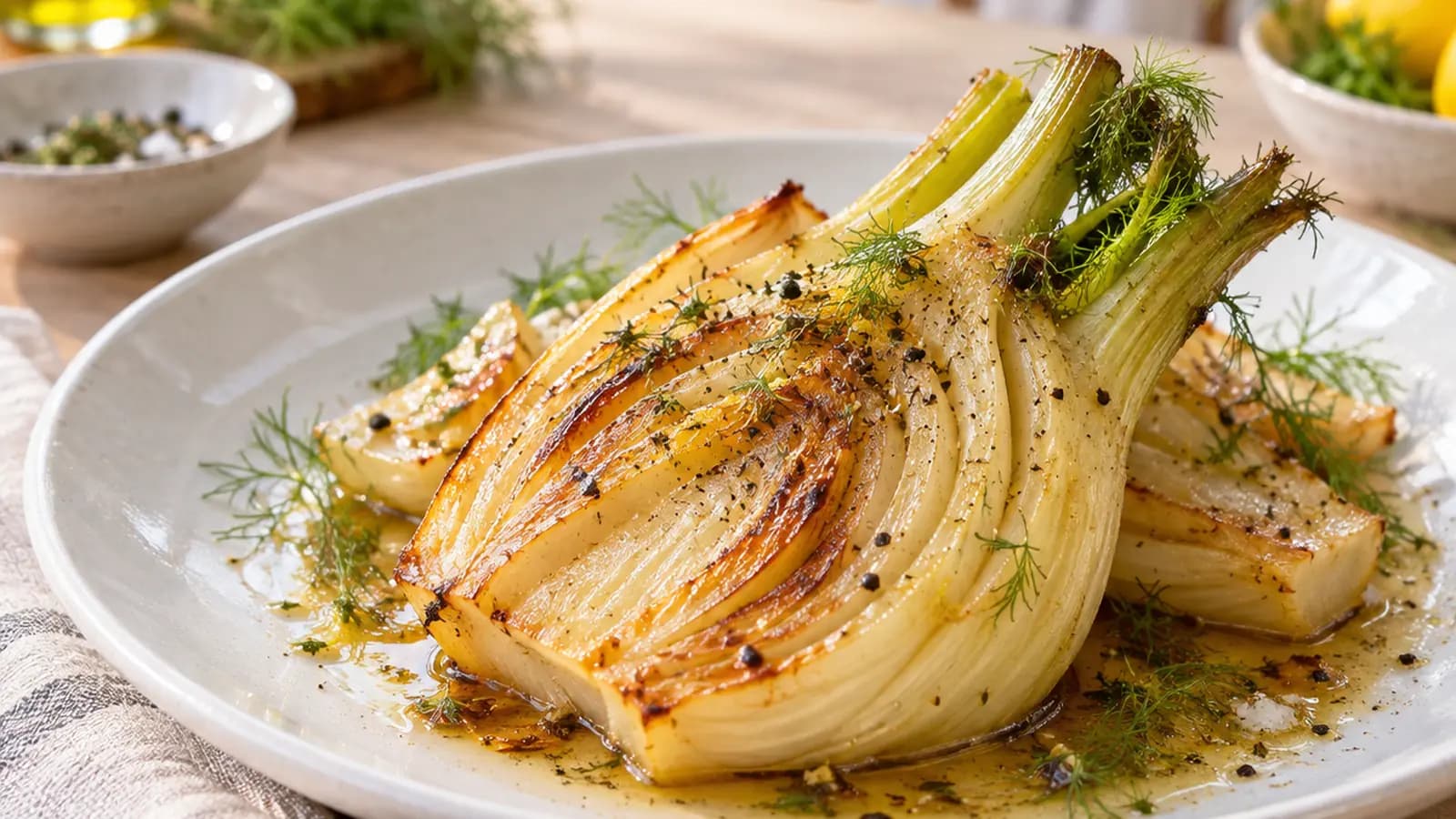 Plat de fenouil rôti avec pois chiches, herbes fraîches et quartiers de citron, sur une table éclairée par la lumière naturelle