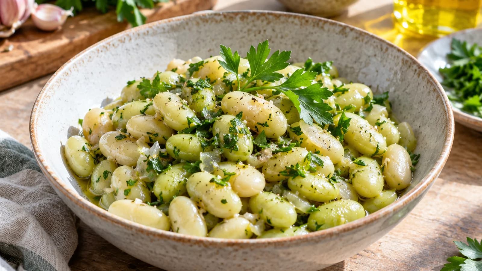 Salade tiède de flageolets, légumes rôtis et herbes fraîches dans une assiette, lumière naturelle, sans texte ni logo