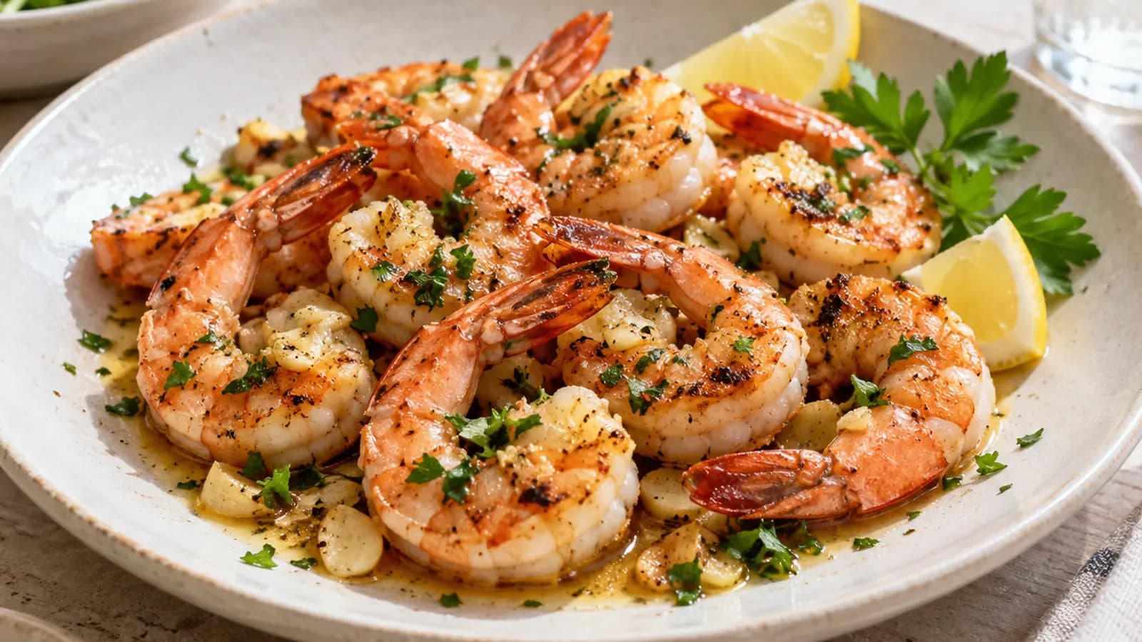 Assiette de gambas poêlées avec courgettes, riz citronné et herbes fraîches, en lumière naturelle, sans texte ni logo