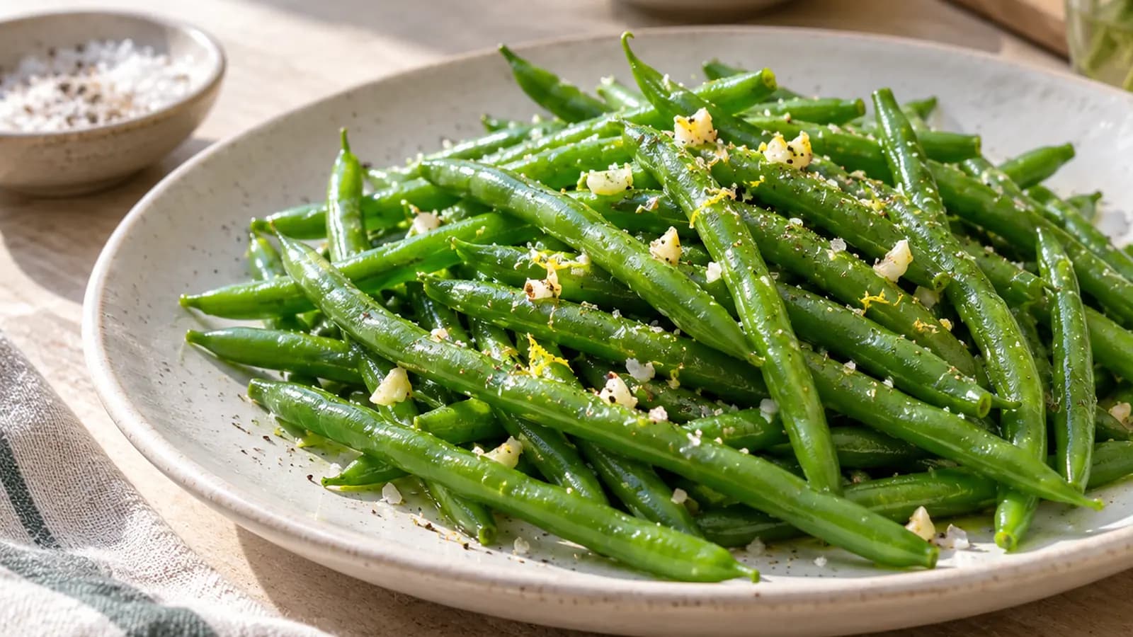 Assiette de haricots verts vapeur avec pommes de terre, œuf et citron, éclairée par une lumière naturelle, sans texte ni logo