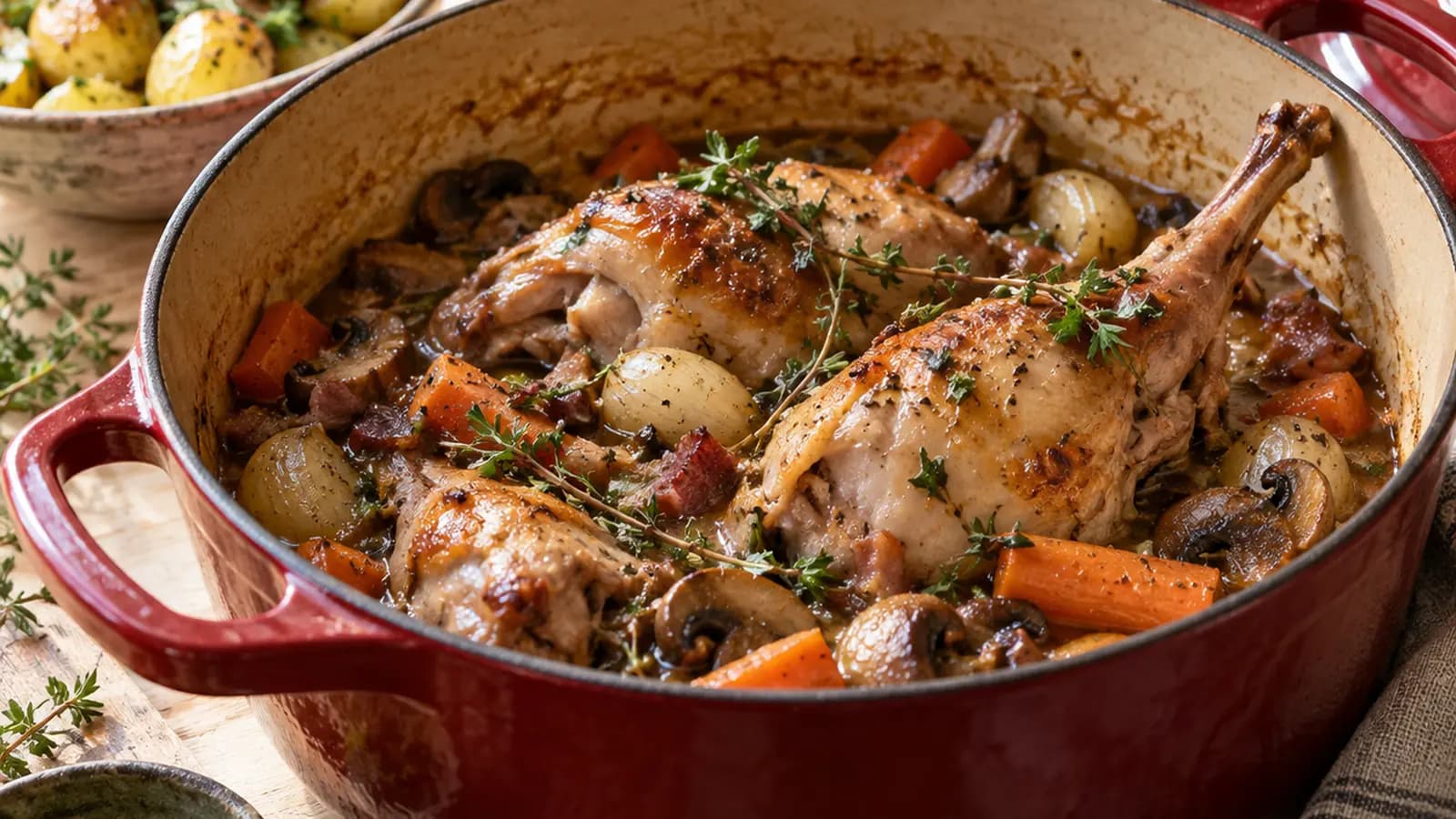Cocotte de lapin aux légumes et aux herbes fraîches, servie avec des pommes de terre, en lumière naturelle, sans texte ni logo