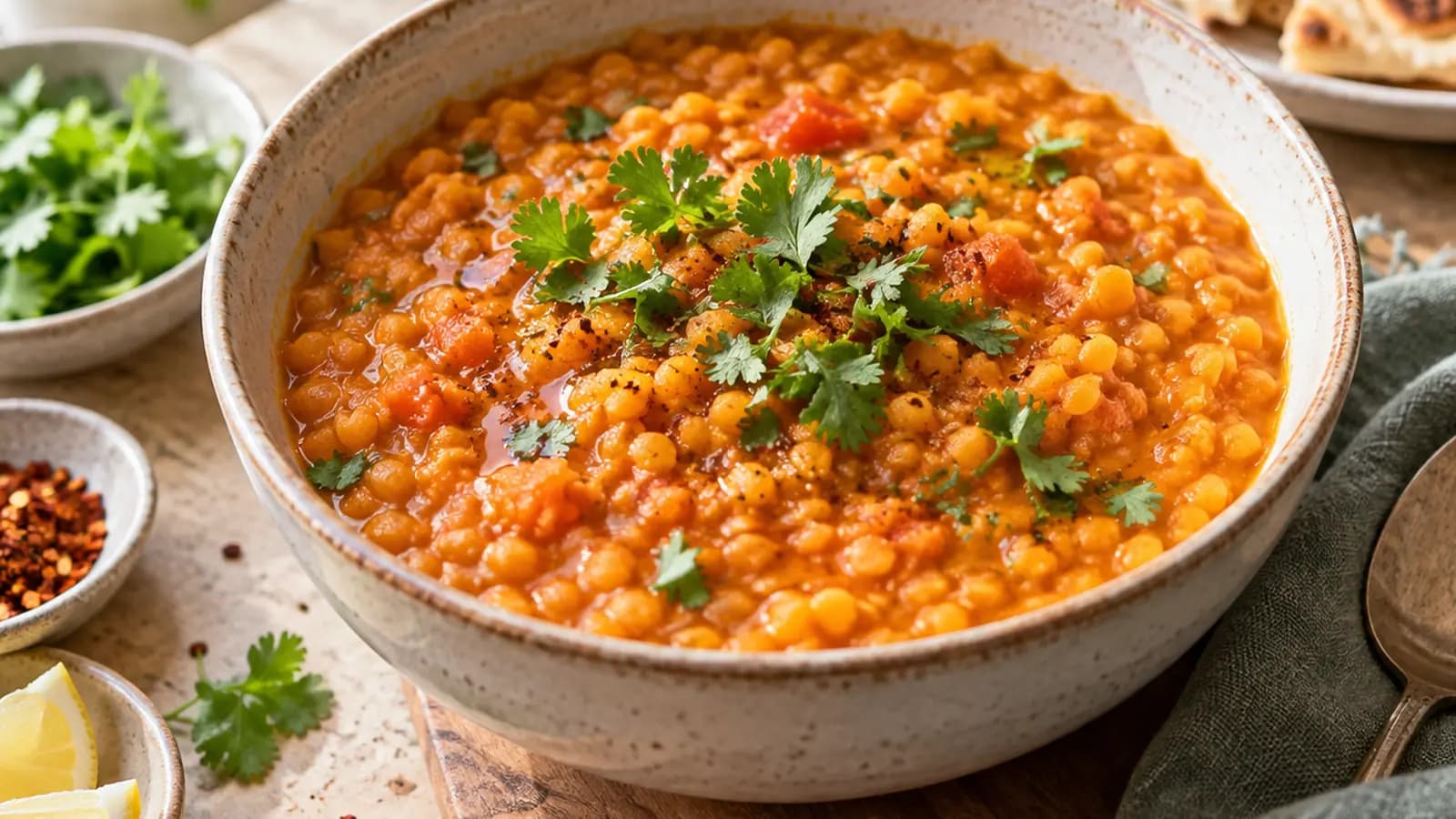Bol de lentilles corail aux légumes et herbes fraîches sur une table claire, lumière naturelle, sans texte, sans logo, sans visage en gros plan