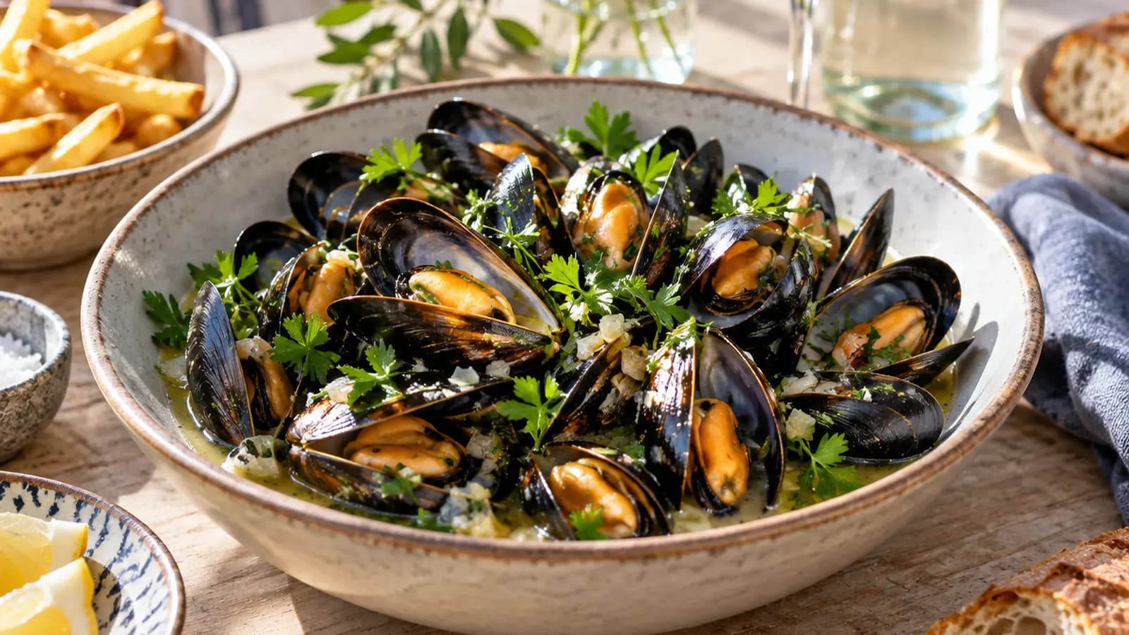 Marmite de moules vapeur aux herbes, citron et légumes sur une table claire en lumière naturelle, sans texte ni logo