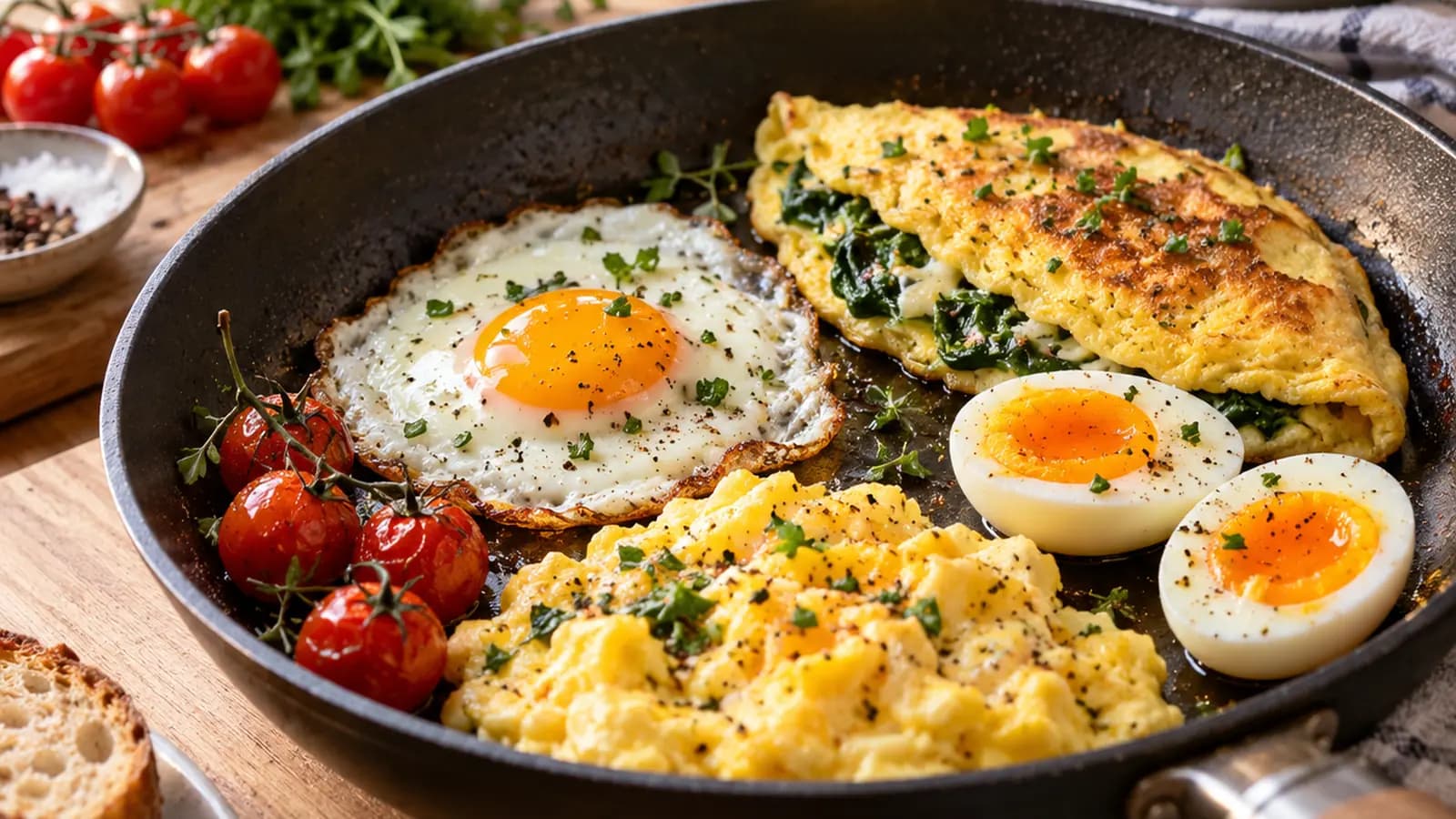 Assiette d’œufs pochés sur légumes verts et pain complet, lumière naturelle, sans texte ni logo
