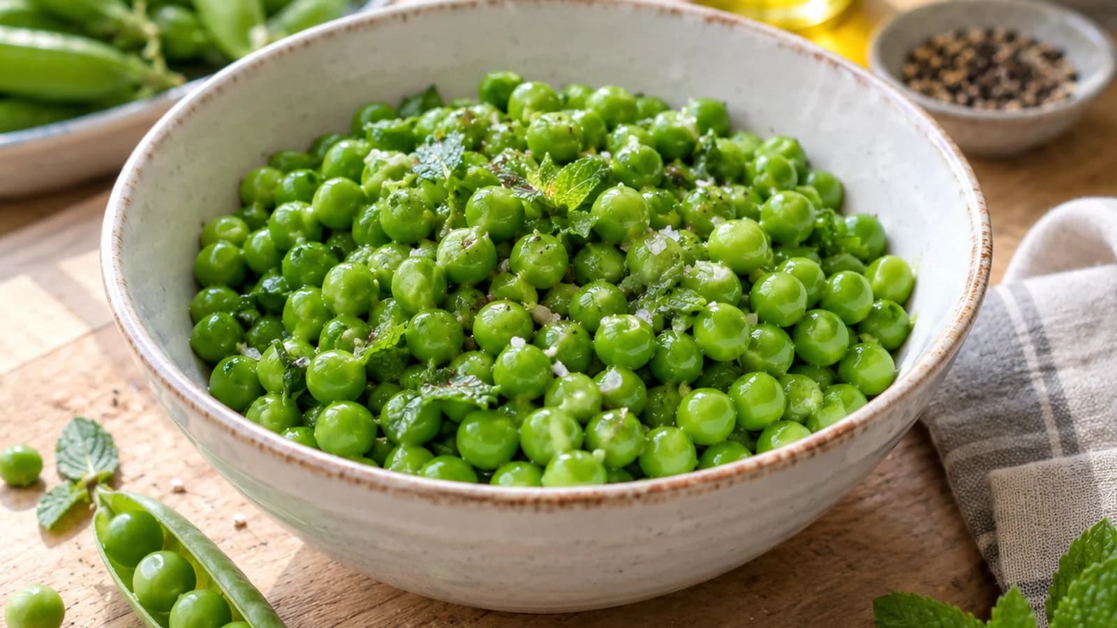 Poêlée de petits pois, carottes et œufs dans une assiette blanche, lumière naturelle, sans texte ni logo