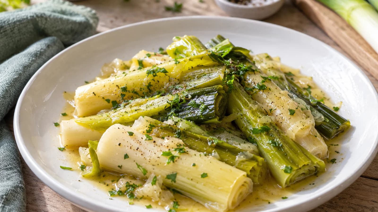 Poireaux fondants rôtis au four avec pommes de terre et herbes fraîches, servis dans une assiette à la lumière naturelle, sans texte ni logo