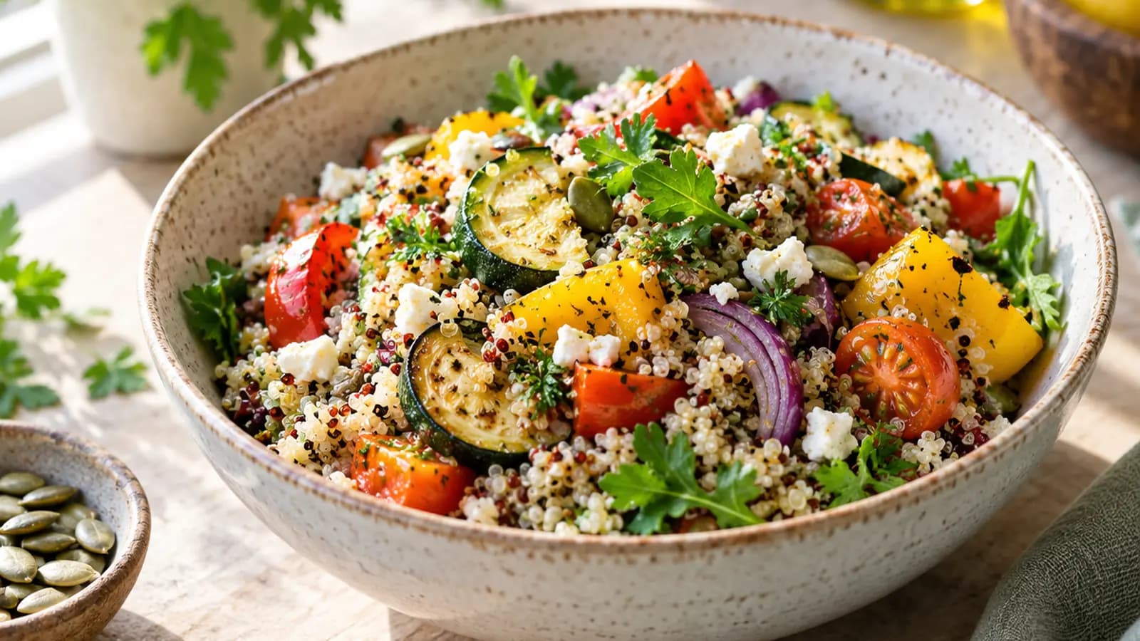 Bol de quinoa léger avec légumes rôtis, pois chiches et herbes fraîches sur une table éclairée par la lumière naturelle, sans texte ni logo