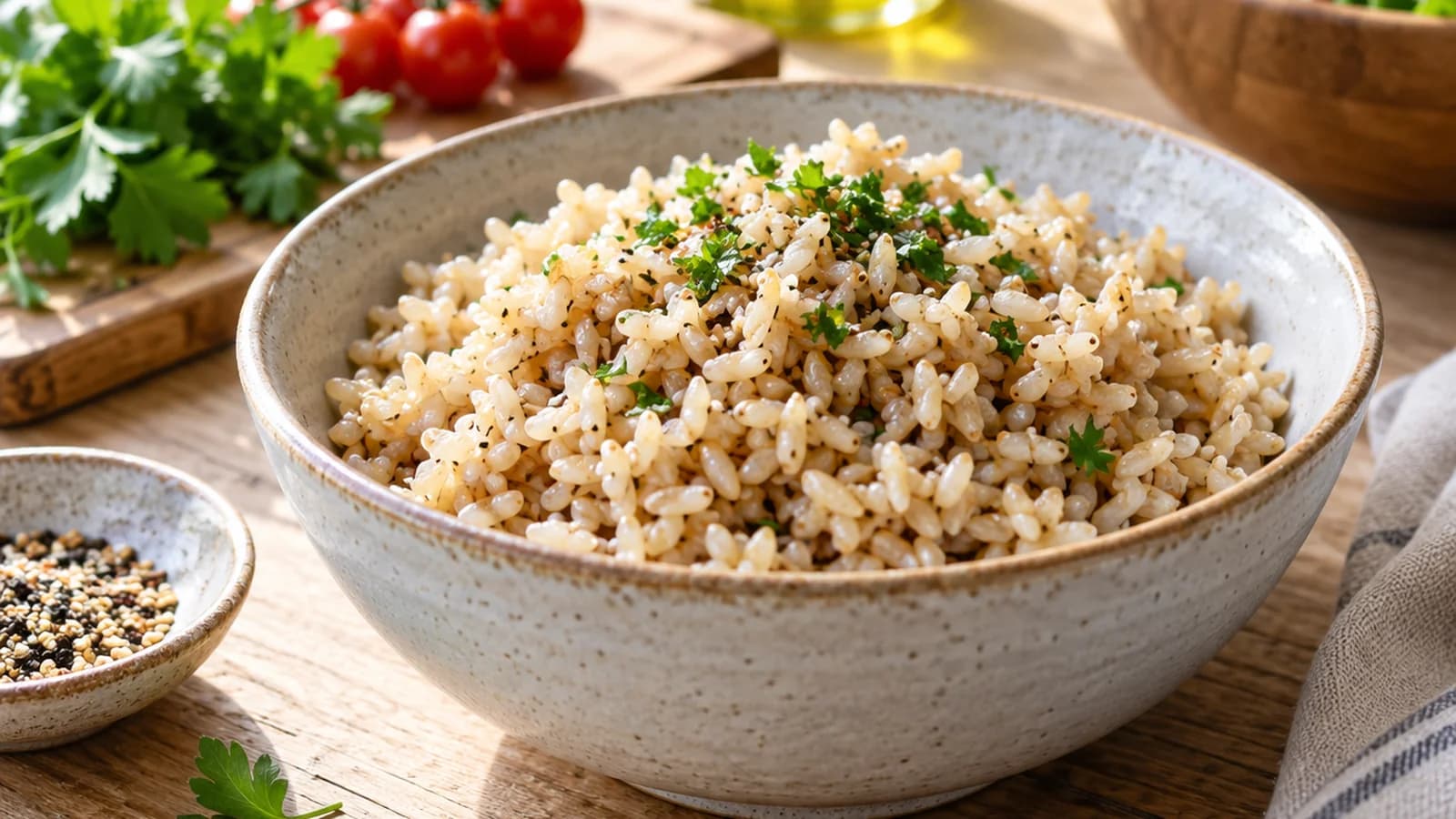 Bol de riz complet aux légumes colorés et pois chiches, servi sur une table en lumière naturelle, sans texte ni logo