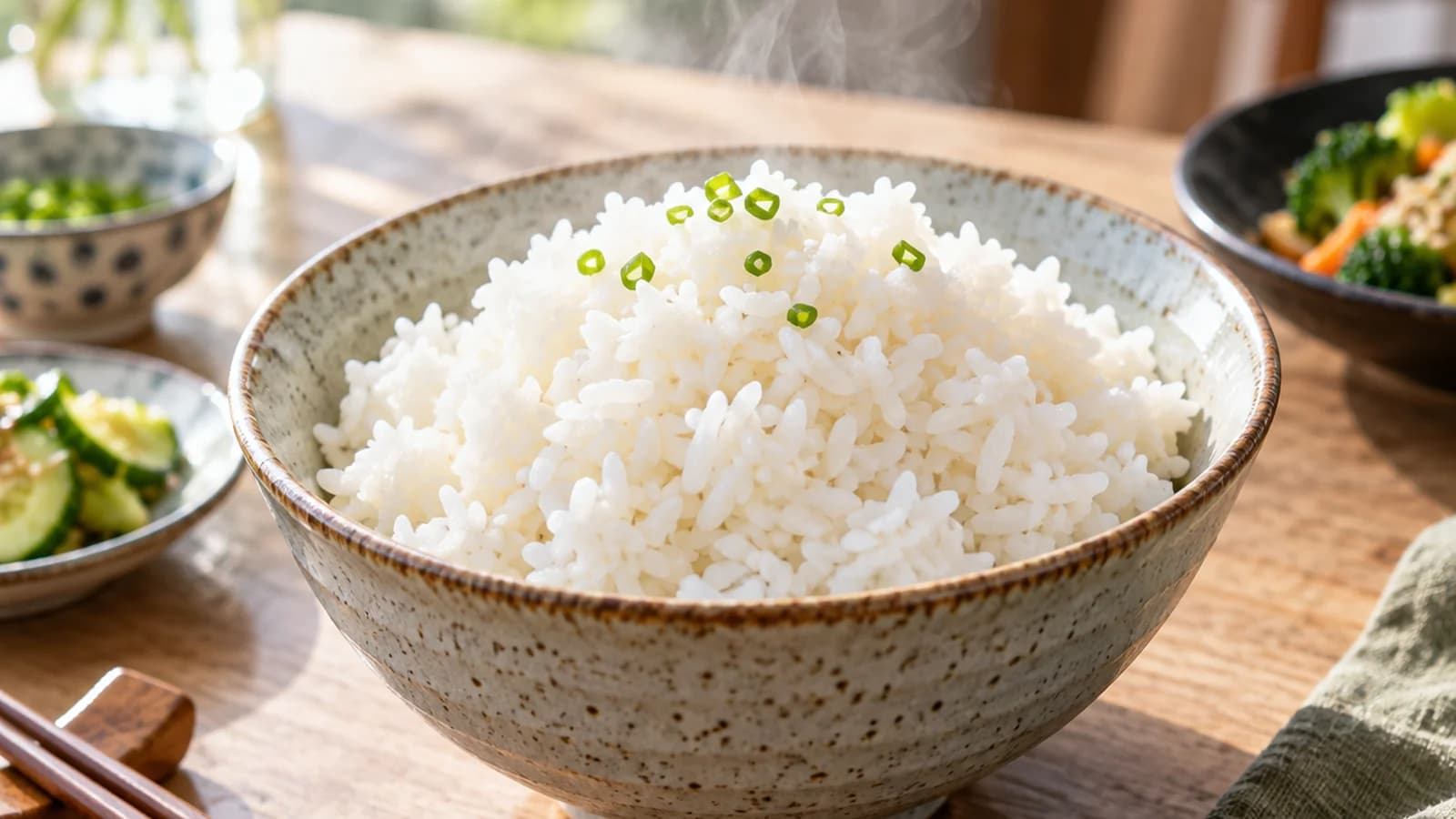 Bol de riz basmati moelleux avec légumes rôtis, pois chiches et herbes fraîches sur une table éclairée par la lumière naturelle