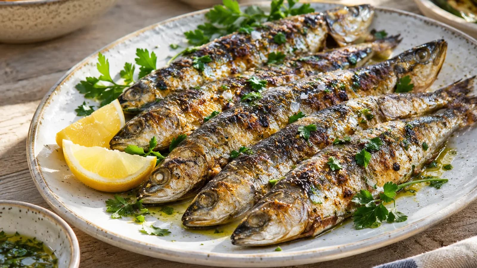 Assiette de sardines fraîches rôties avec courgettes, pommes de terre et herbes, lumière naturelle, sans texte ni logo