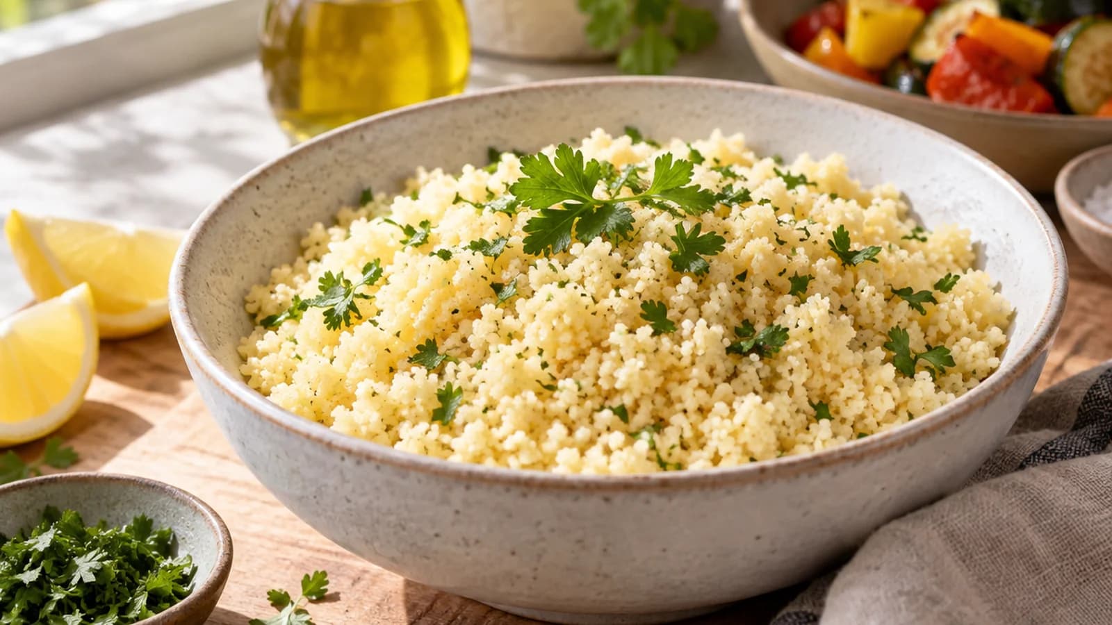 Bol de semoule aux légumes rôtis et pois chiches sur une table claire, lumière naturelle, sans texte ni logo