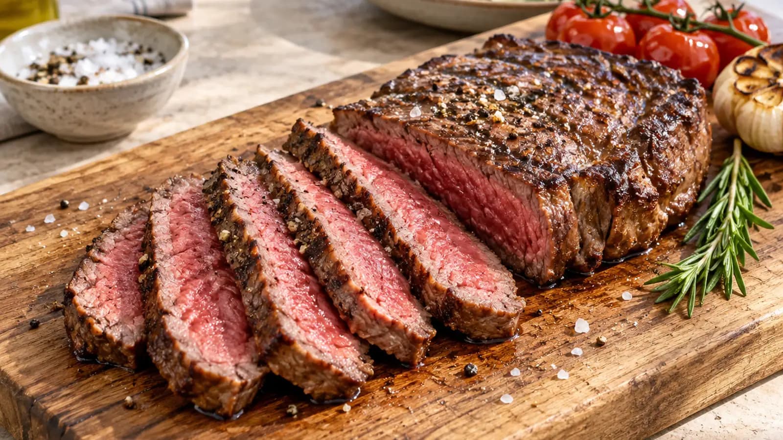 Steak de bœuf poêlé accompagné de légumes rôtis et de pommes de terre, servi dans une assiette à la lumière naturelle, sans texte ni logo