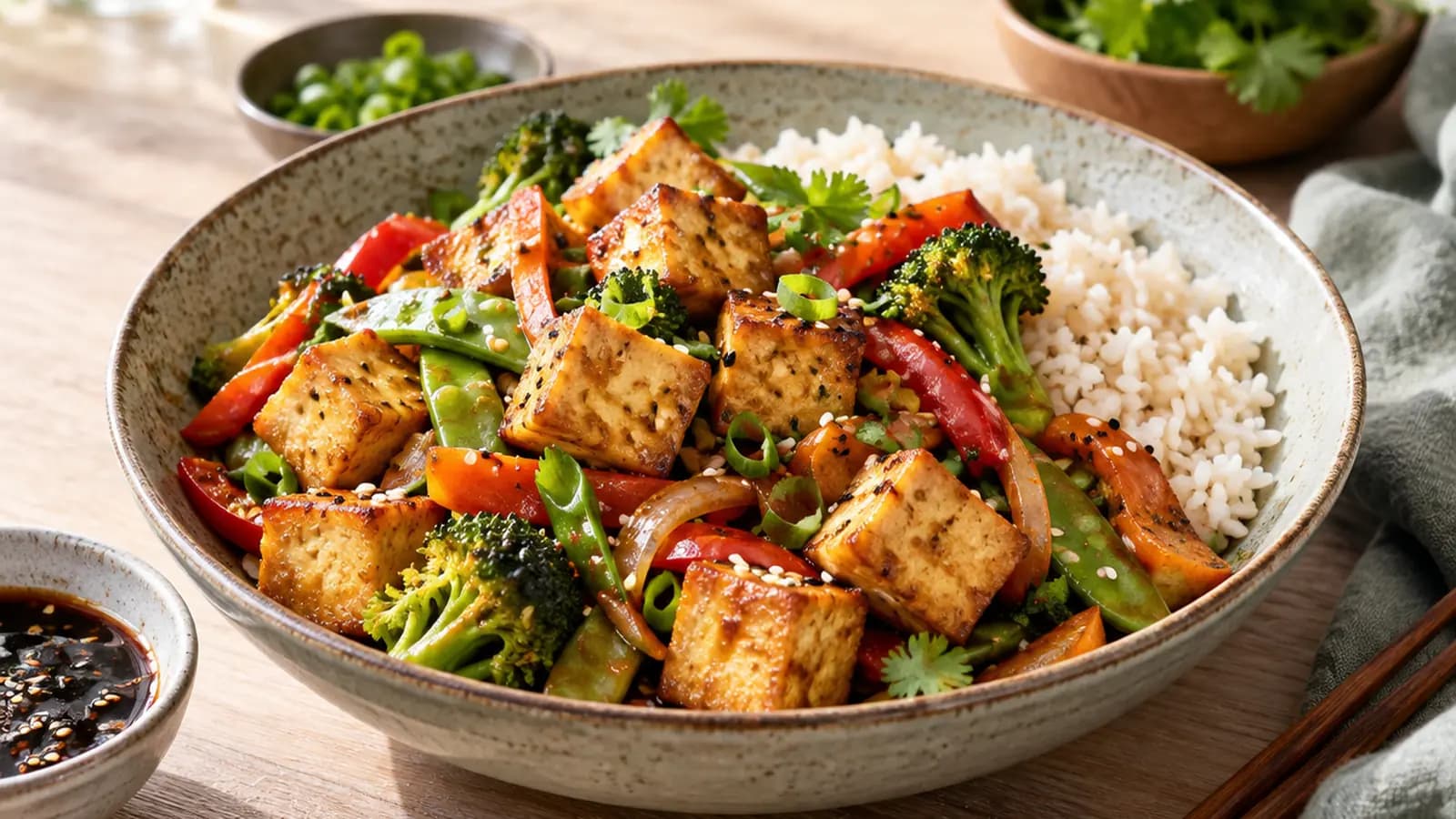 Cubes de tofu dorés servis avec brocoli, carottes et riz dans une assiette, lumière naturelle, sans texte ni logo