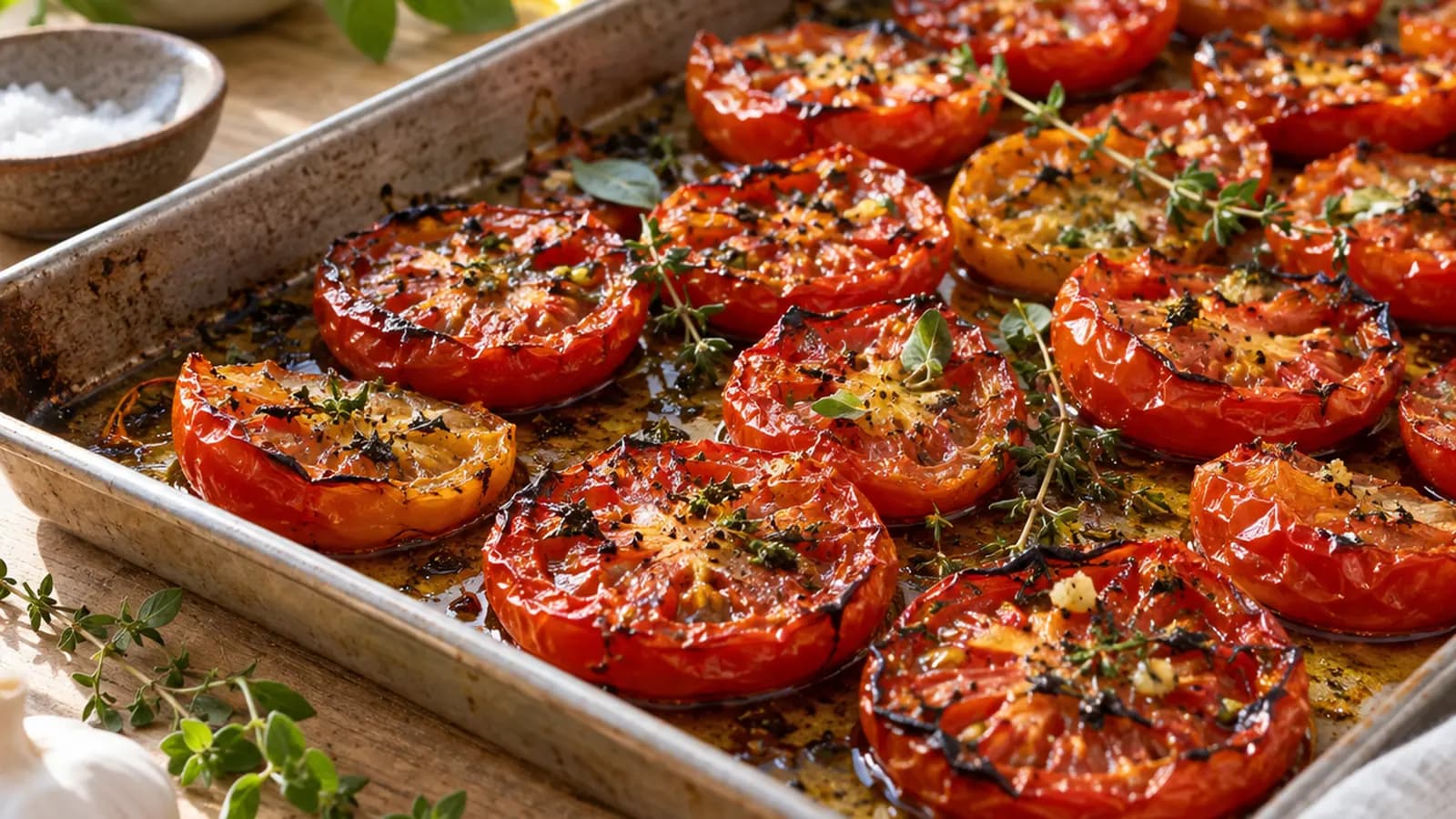 Plat de tomates rôties aux herbes avec pois chiches et pain complet, sur une table éclairée par la lumière naturelle, sans texte ni logo