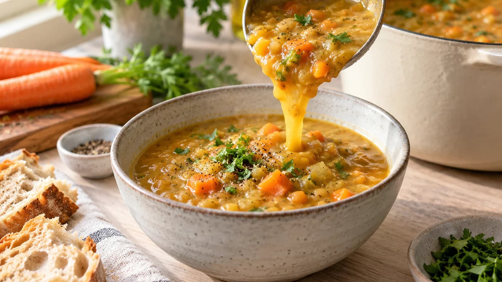 Soupe de légumes veloutée dans un bol en céramique, avec pomme de terre et lentilles visibles, lumière naturelle, sans texte ni logo