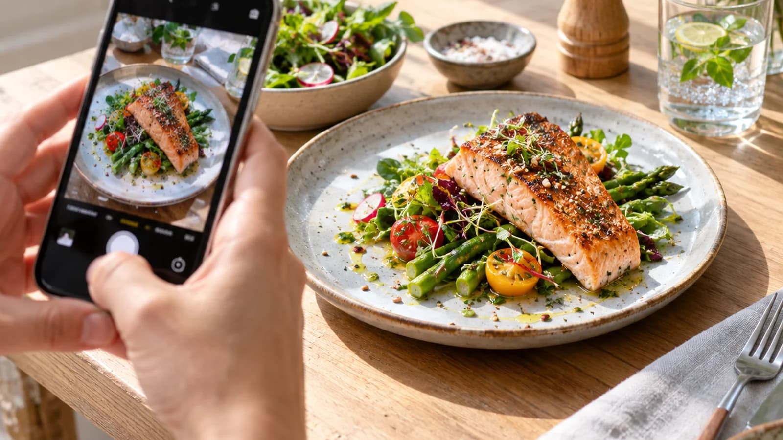 Assiette complète de légumes rôtis, riz et filet de poisson photographiée à la lumière naturelle, sans texte ni logo