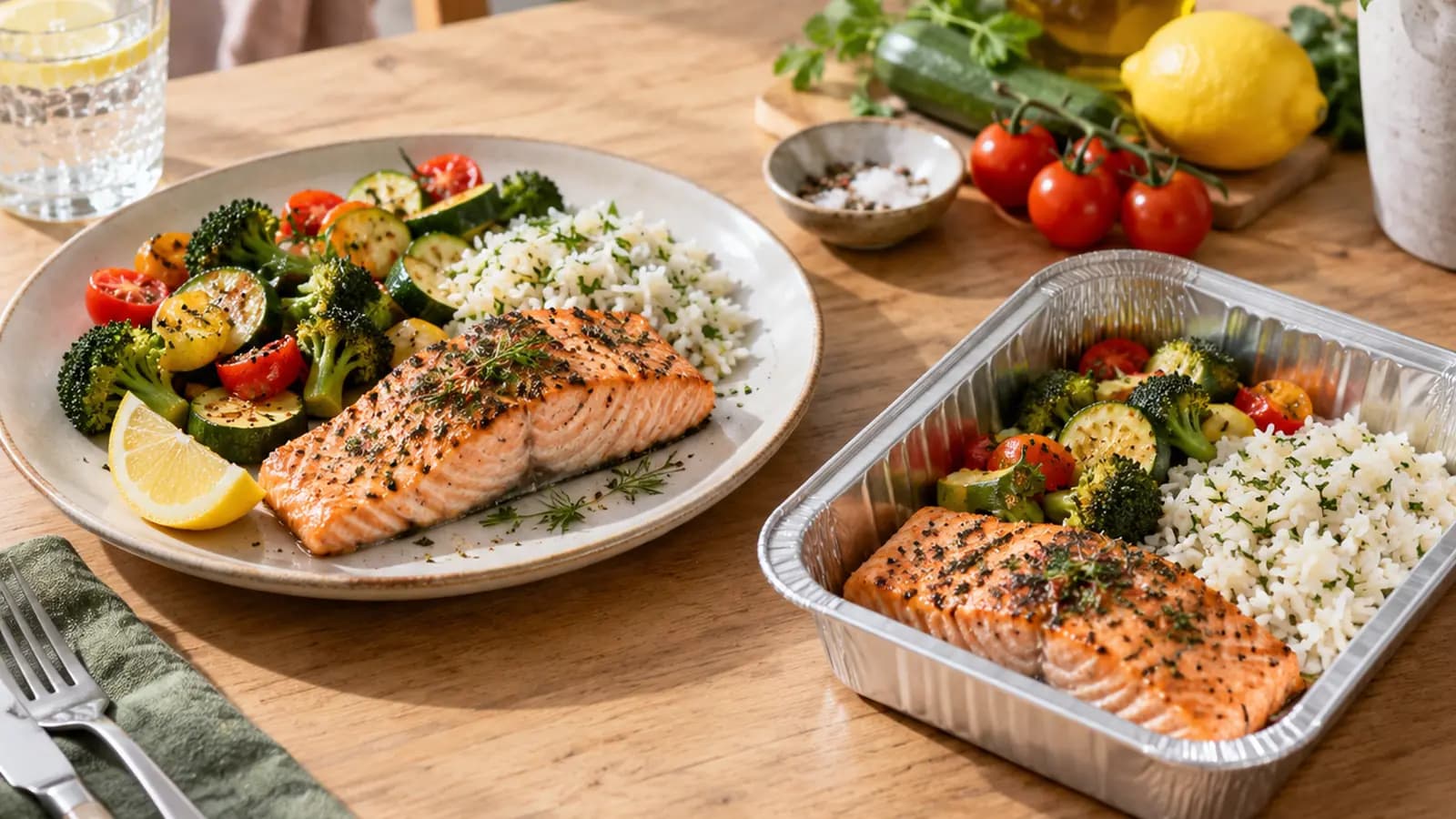 Deux portions de chili au riz, l’une maison et l’autre en barquette, posées sur une table avec des ingrédients frais à la lumière naturelle