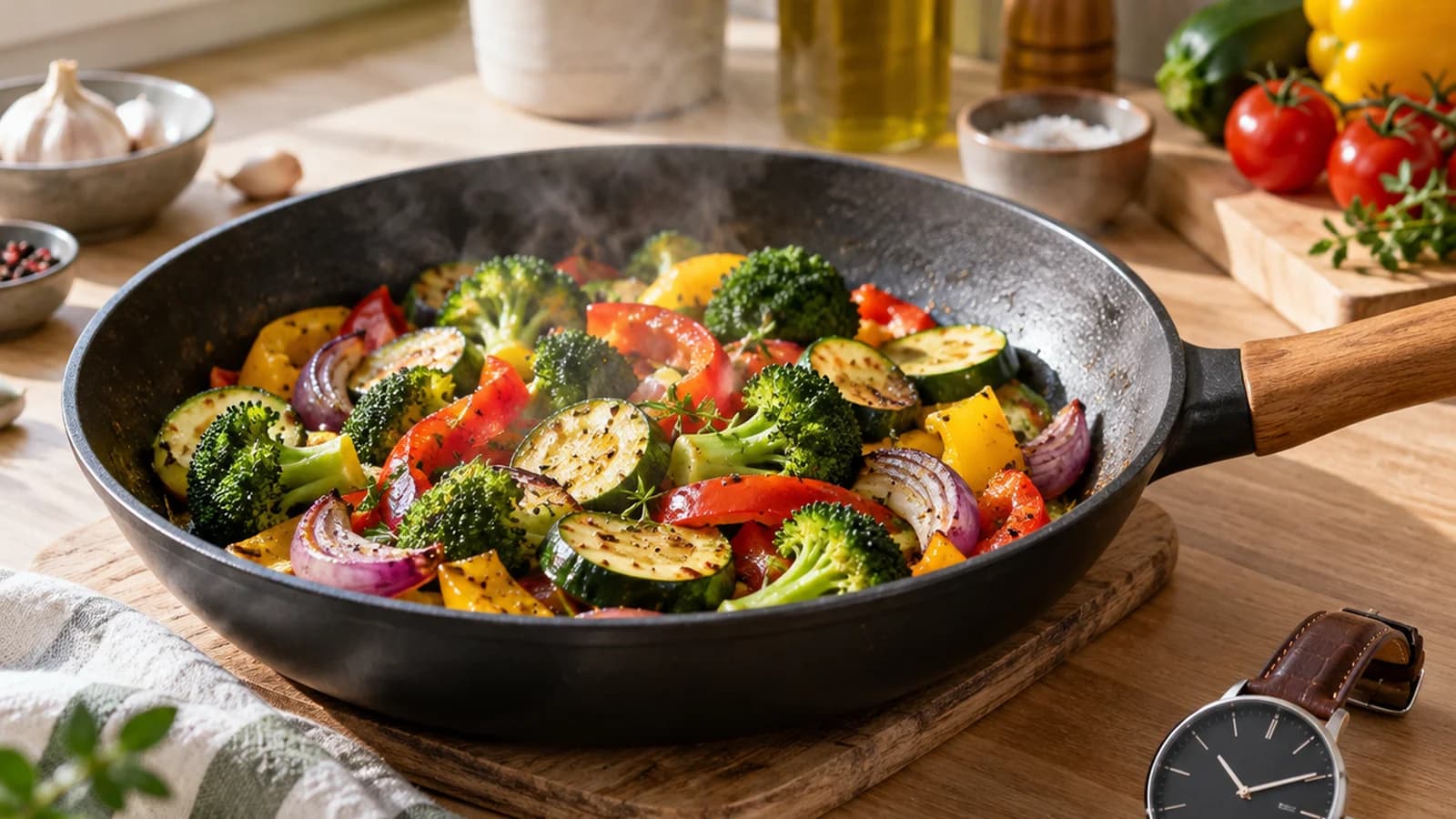 Plat maison simple avec légumes, céréales et œuf dans une assiette, posé sur une table en lumière naturelle, sans texte ni logo