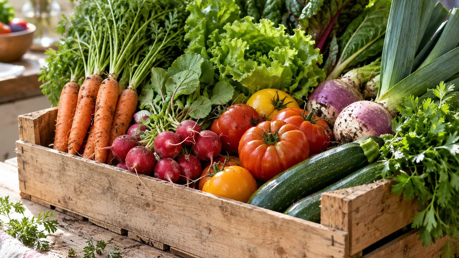 Panier de légumes de saison, balance et carnet sur une table de cuisine en lumière naturelle, sans texte lisible ni logo