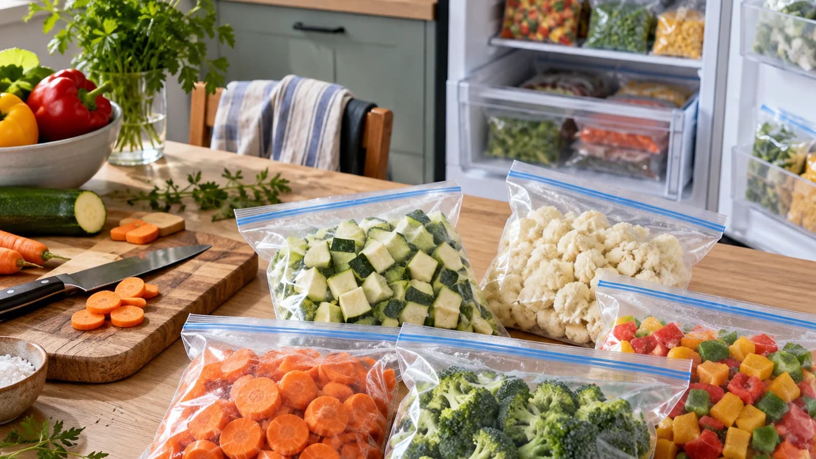 Bocaux et sachets de fruits rouges, haricots verts et courgettes préparés pour la congélation sur une table éclairée naturellement, sans texte ni logo