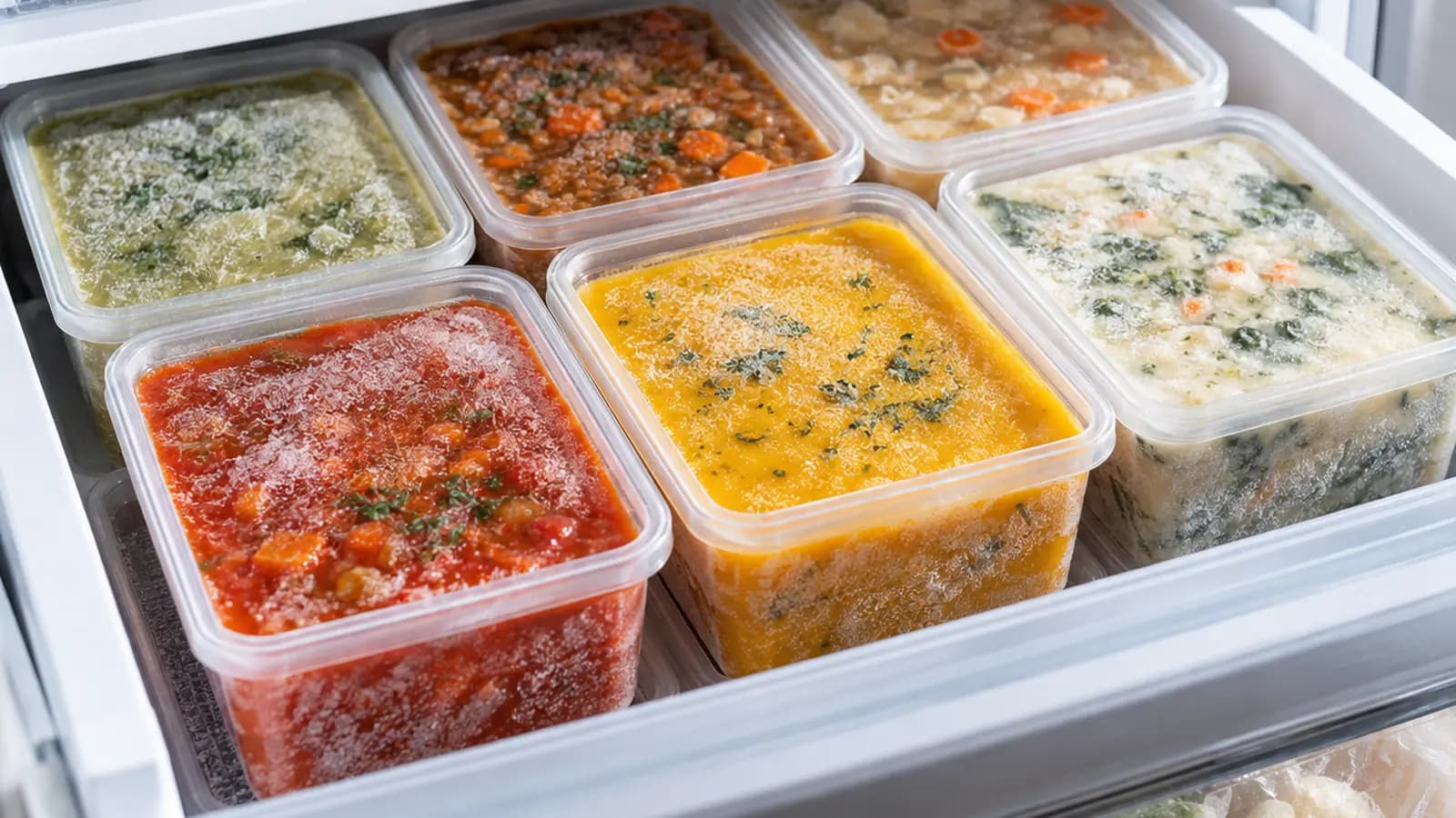 Portions de soupe maison dans des contenants adaptés au congélateur, posées sur un plan de travail éclairé par une lumière naturelle, sans texte ni logo