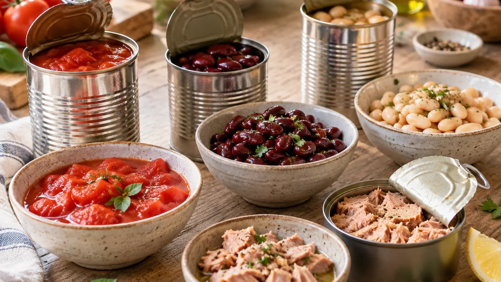 Bol de pois chiches, tomates et sardines en conserve servi avec du pain complet, sur une table éclairée par la lumière naturelle
