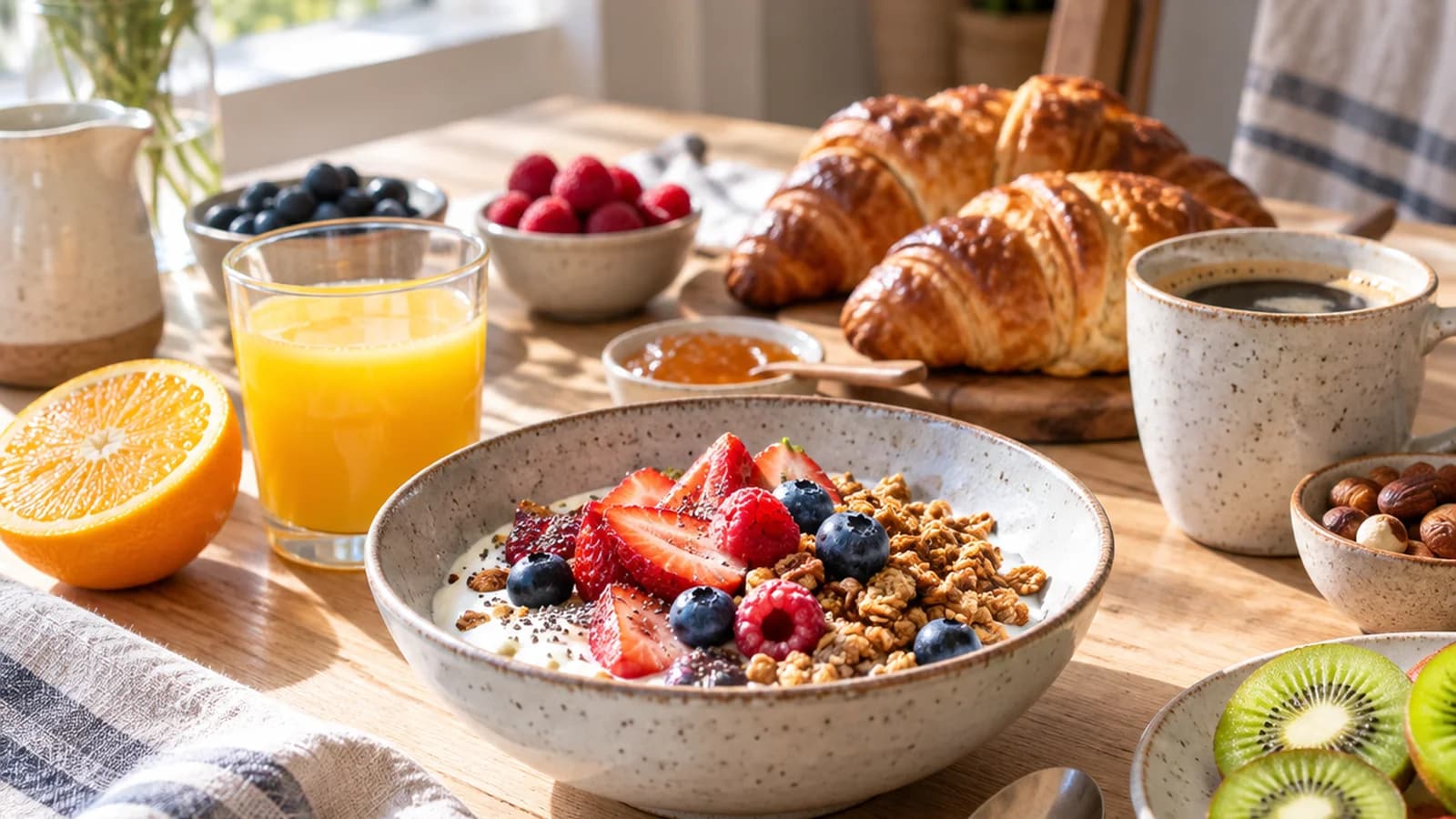 Bol de yaourt avec fruits et noix sur une table claire, lumière naturelle, photo culinaire éditoriale sans texte ni logo