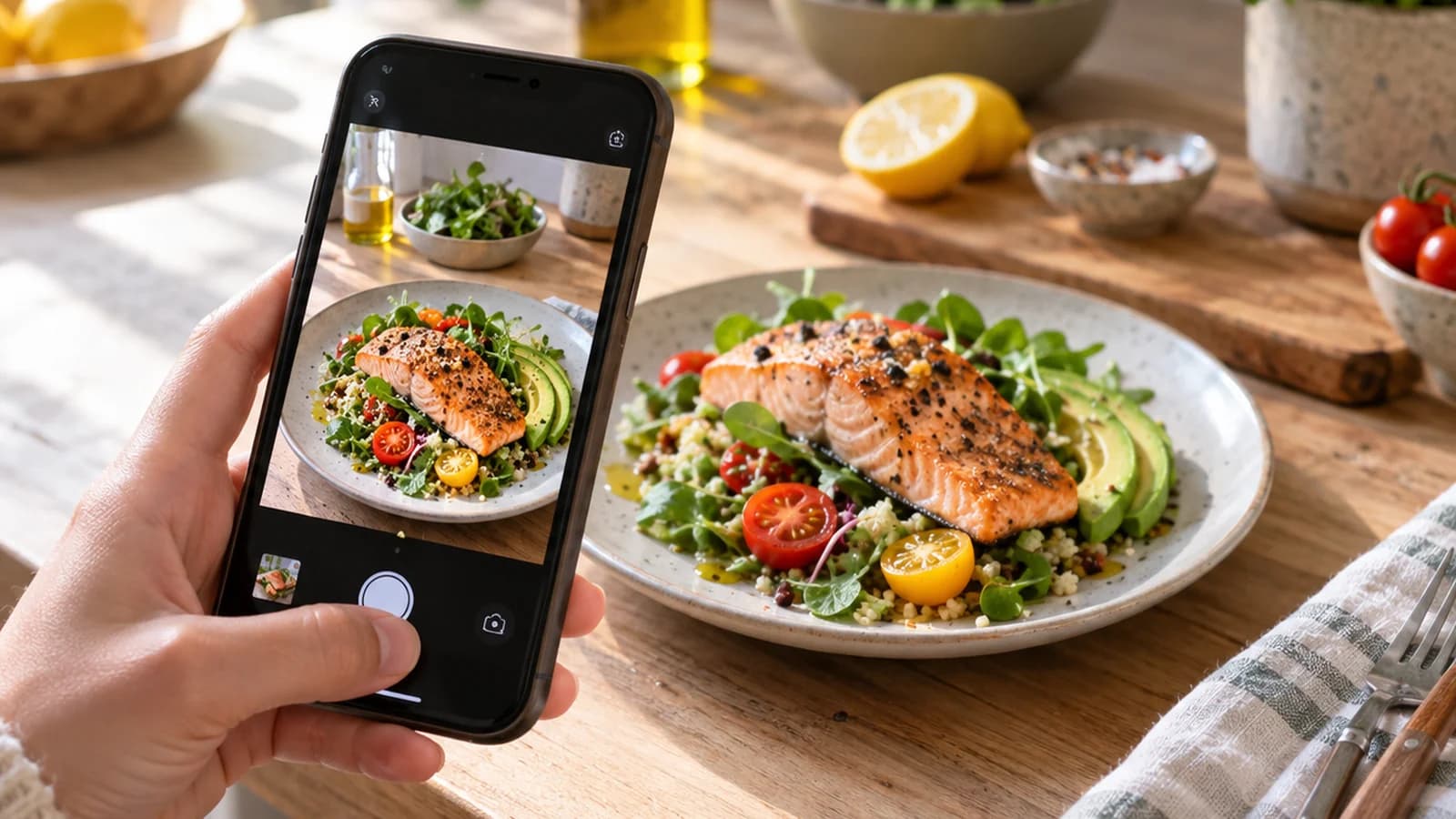 Assiette colorée composée de légumes, riz et poulet sur une table claire, lumière naturelle, sans texte ni logo et sans visage en gros plan
