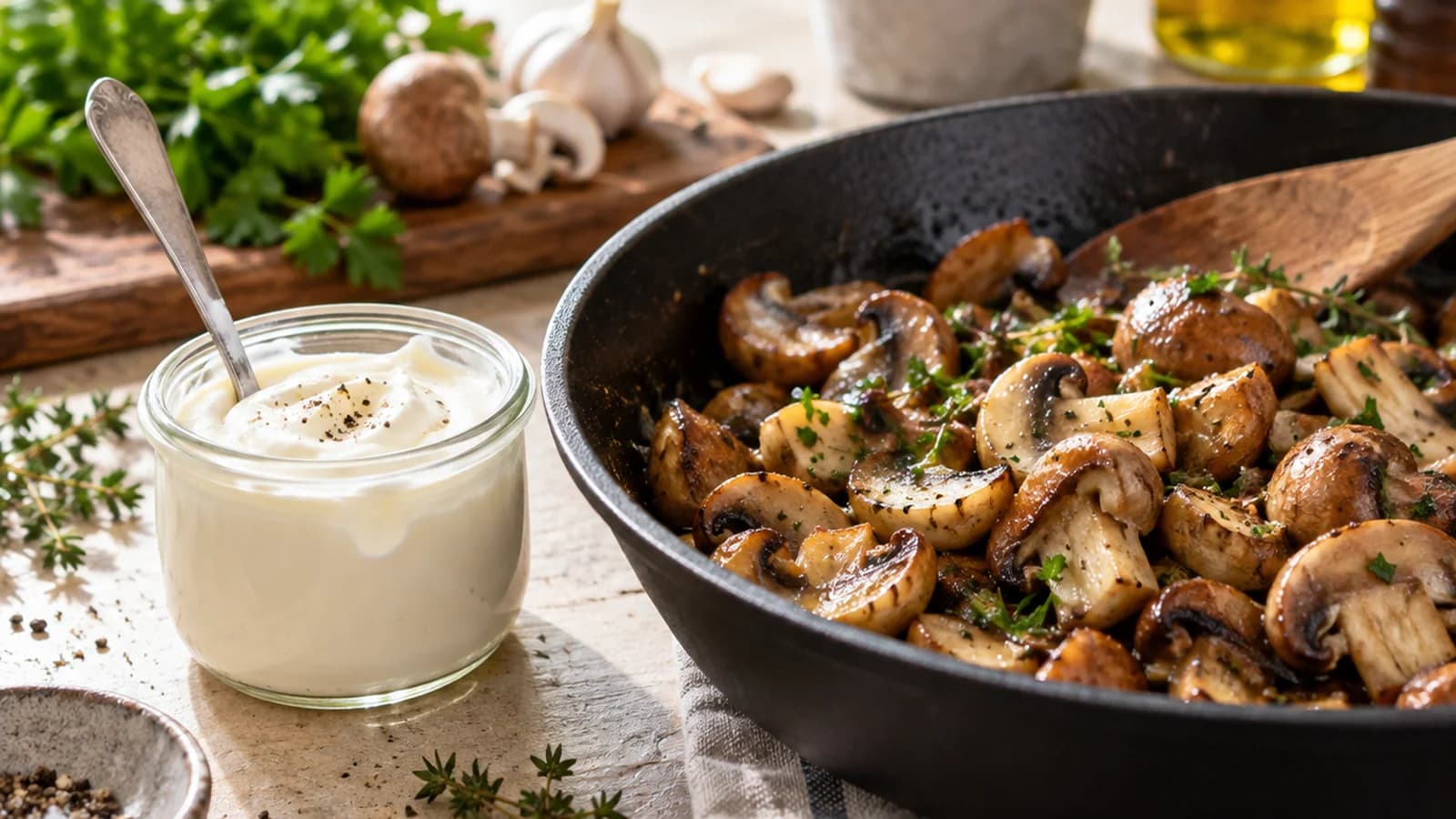Bol de sauce crémeuse aux herbes avec légumes rôtis, sur une table claire en lumière naturelle, sans texte ni logo