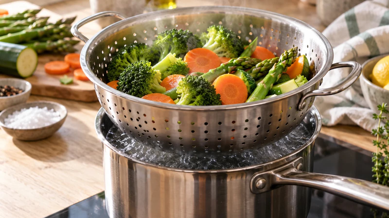 Légumes vapeur et filet de poisson dans une passoire posée sur une casserole, lumière naturelle, sans texte ni logo