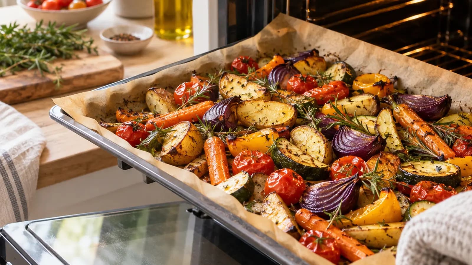 Plaque de légumes rôtis, filet de poisson et morceaux de volaille dorés sur papier cuisson, lumière naturelle, sans texte ni logo