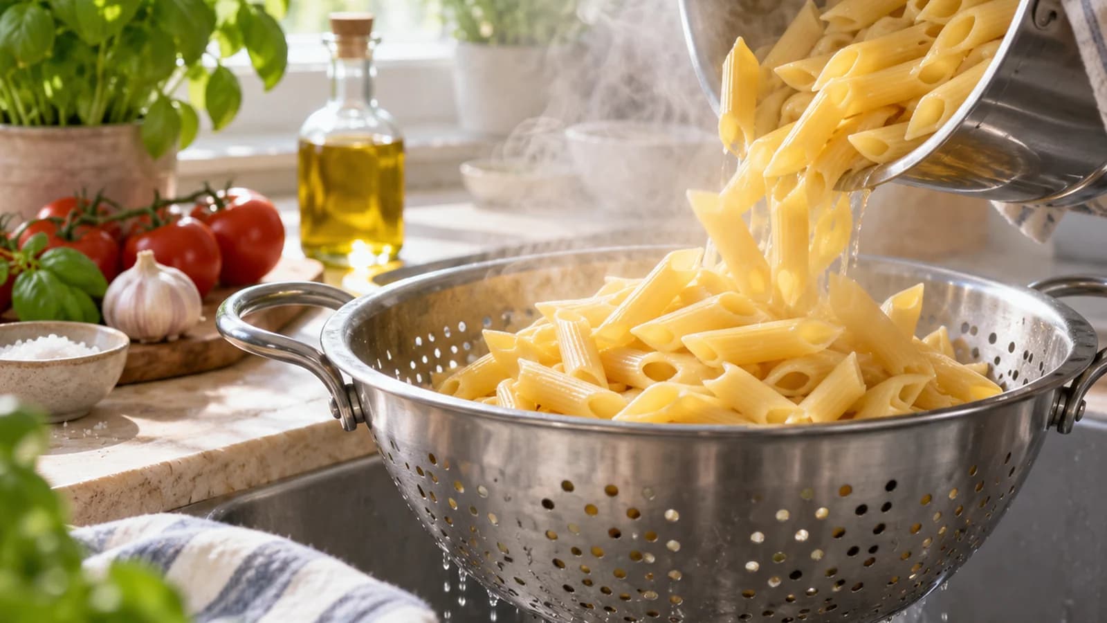 Assiette de pâtes al dente avec légumes colorés et herbes fraîches, lumière naturelle, sans texte ni logo