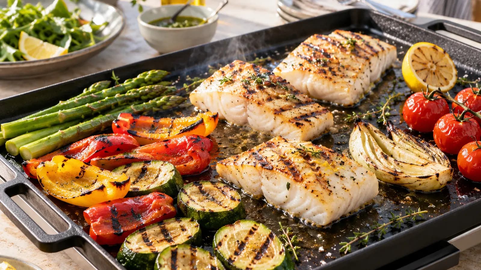 Plancha garnie de légumes colorés, filets de poisson et morceaux de viande, cuits en plein air à la lumière naturelle, sans texte ni logo