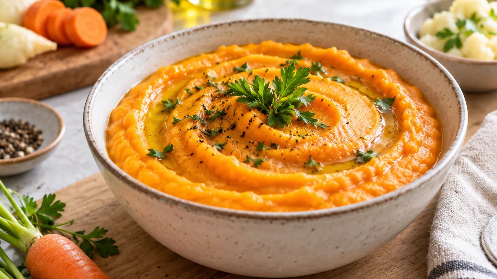 Purée de légumes onctueuse dans un bol, avec yaourt nature, herbes fraîches et filet d’huile à la lumière naturelle