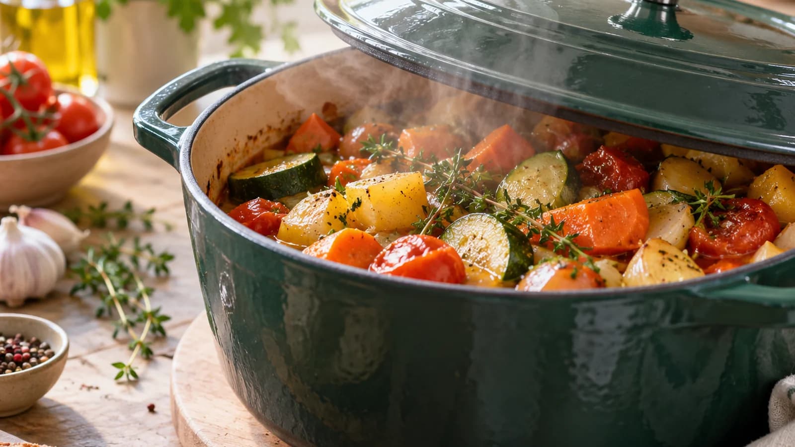 Cocotte de légumes fondants cuits à l'étouffée, éclairée par une lumière naturelle, sans texte ni logo