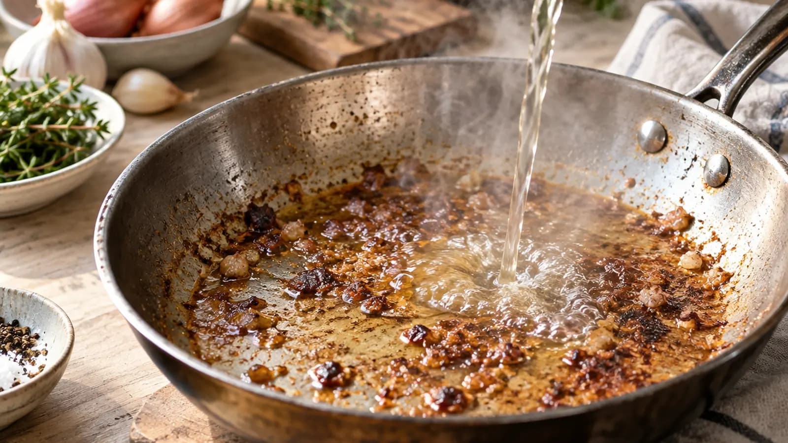 Poêle contenant une sauce ambrée aux sucs de cuisson, avec citron, herbes fraîches et petit bol de bouillon, lumière naturelle, sans texte ni logo
