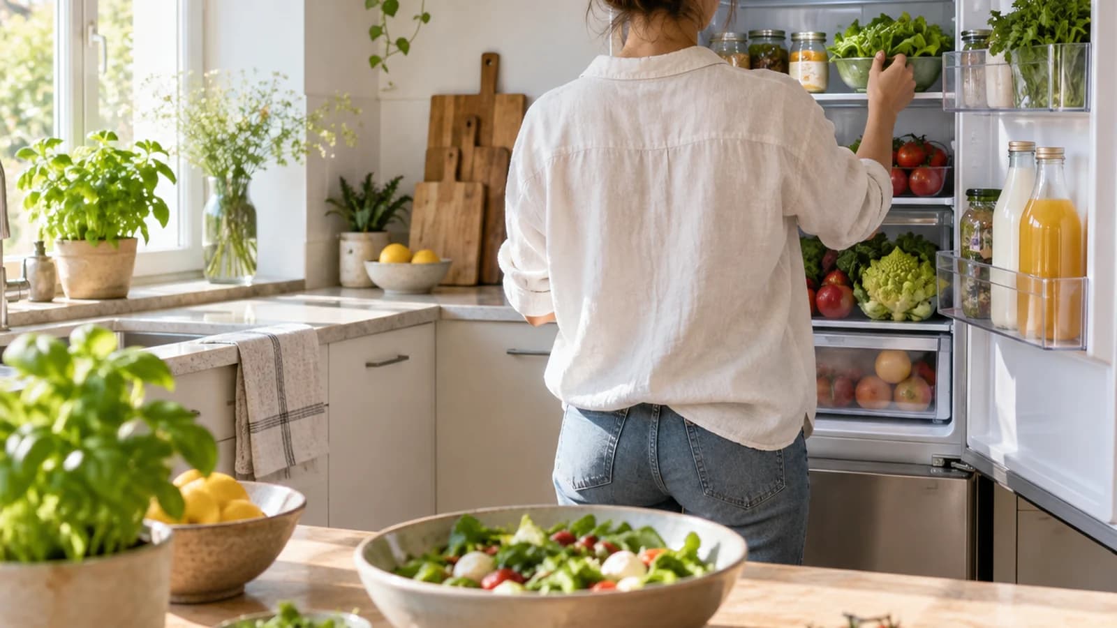Main ouvrant un réfrigérateur bien rangé avec des légumes, un yaourt et une assiette, lumière naturelle, sans texte ni logo