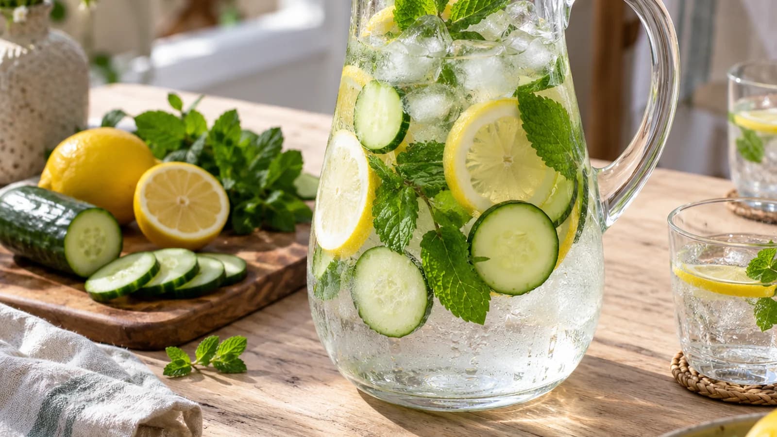 Carafe d’eau fraîche avec rondelles de citron, fraises, menthe et concombre sur une table en lumière naturelle, sans texte ni logo